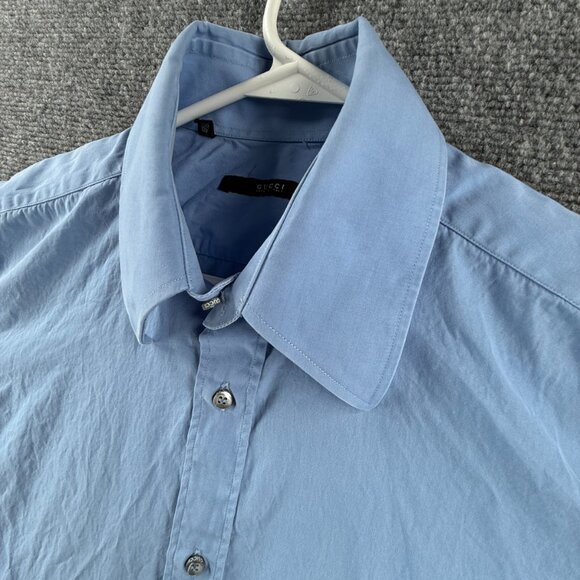 Gucci Italy Made Button Up Shirt Blue 40 (15.75) Long Sleeve Cotton Cursive Logo - Picture 3 of 16